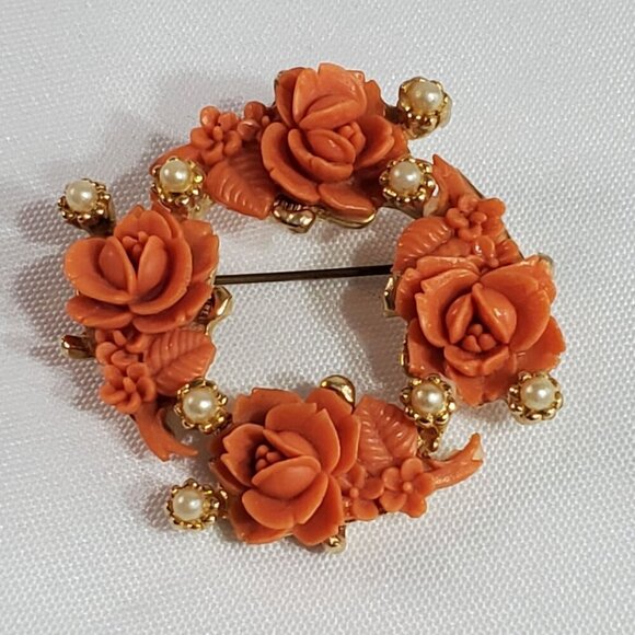 Jewelry - Vintage Coral Celluloid Rose & Pearl Circle Brooch Pin Gold Tone 2 inches